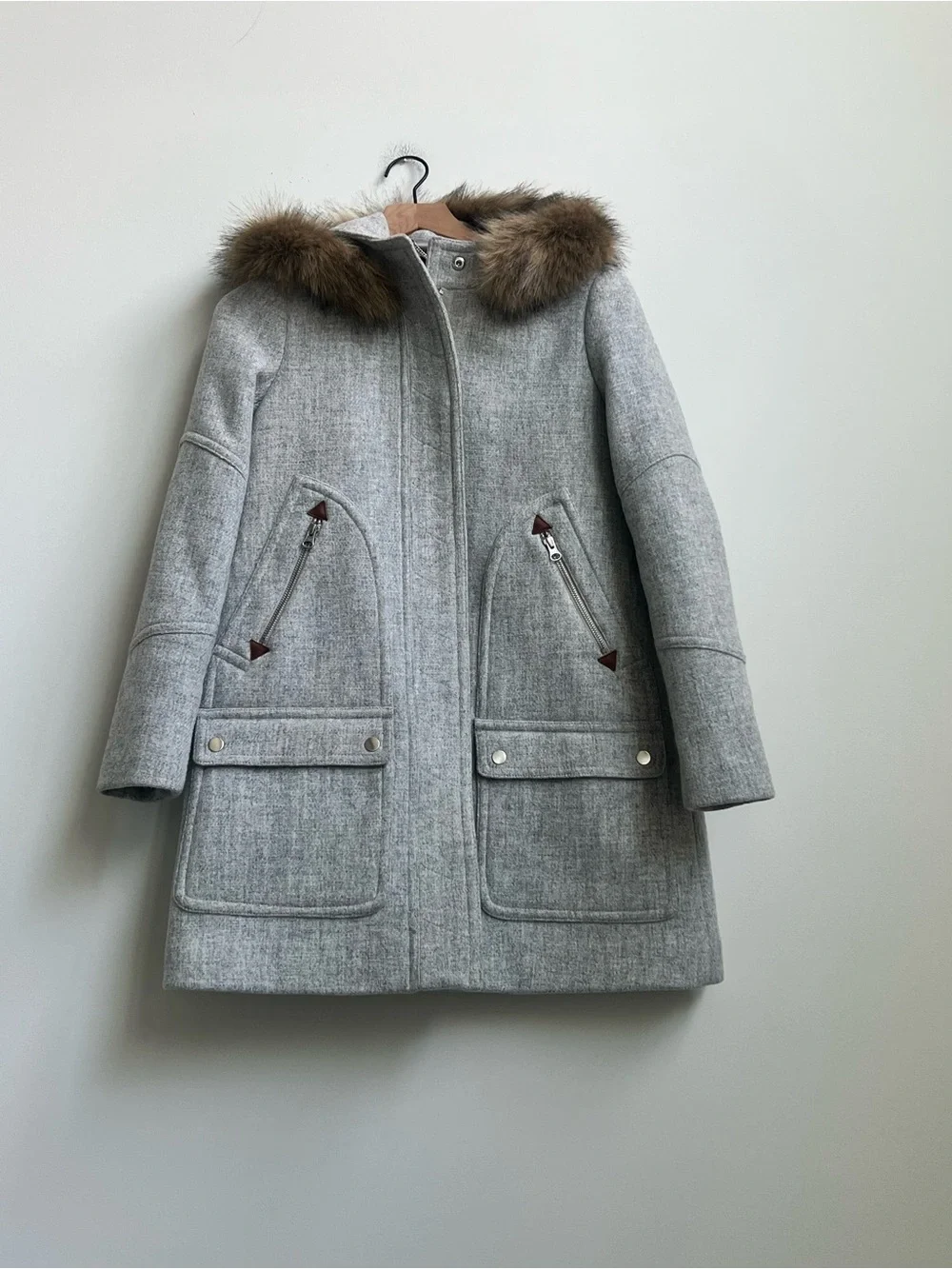 J.Crew Wool Nello Gorri Chateau Faux Fur Hood Parka Coat Sz 2 Quiet Luxury Gray - Picture 5 of 16